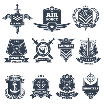 Military logos and badges. Army symbols isolated on white background