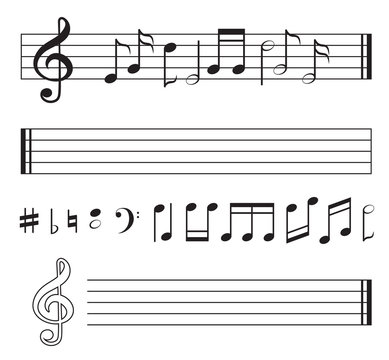 Vector monochrome collection of music notes. Pictures isolate on white