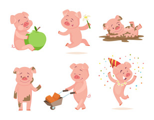 Funny pink pigs playing games