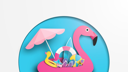 illustration of pink flamingo swim ring and beach equipment in summer. Paper cut and craft style. Vector, illustration.