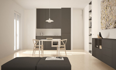 Minimalist modern bright kitchen with dining table and chairs, big windows, white and gray architecture interior design