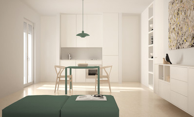 Minimalist modern bright kitchen with dining table and chairs, big windows, white and green architecture interior design