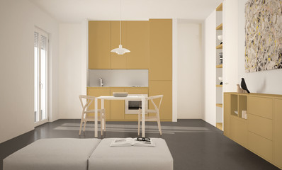 Minimalist modern bright kitchen with dining table and chairs, big windows, white and yellow architecture interior design