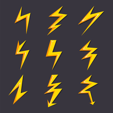 Vector cartoon illustrations of lightning set isolate. Stylized pictures for logo design