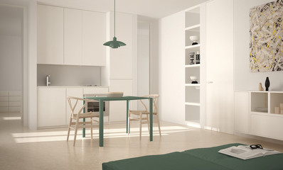 Minimalist modern bright kitchen with dining table and chairs, big windows, white and green architecture interior design