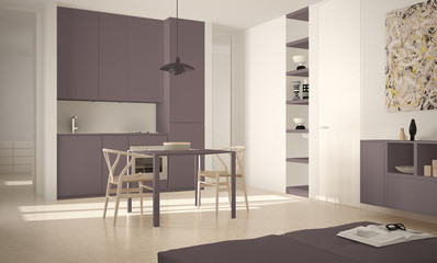 Minimalist modern bright kitchen with dining table and chairs, big windows, white and red architecture interior design