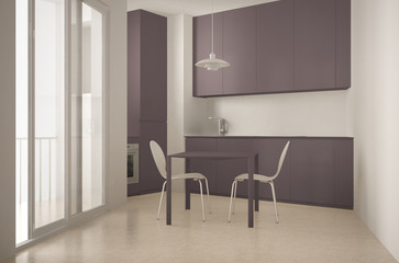 Minimalist modern kitchen with big window and dining table with chairs, white and red architecture interior design