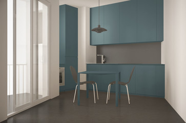 Minimalist modern kitchen with big window and dining table with chairs, gray and blue architecture interior design