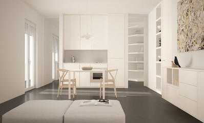 Naklejka na ściany i meble Minimalist modern bright kitchen with dining table and chairs, big windows, white and gray architecture interior design
