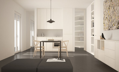 Minimalist modern bright kitchen with dining table and chairs, big windows, white and gray architecture interior design