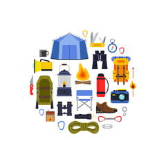 Vector flat style camping elements gathered in circle illustration