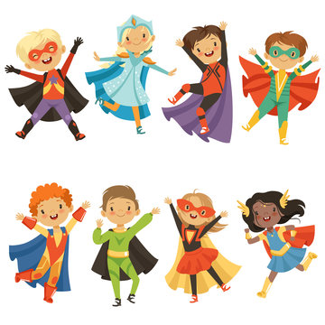 Kids in superhero costumes. Funny characters isolate on white background