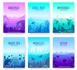 dedicated to undersea vector brochure cards set. Coral reef in the ocean template of flyear, magazines, poster, book cover, banners. invitation concept background. Layout illustration modern page