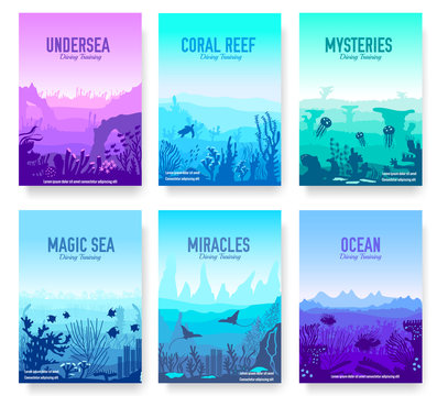 dedicated to undersea vector brochure cards set. Coral reef in the ocean template of flyear, magazines, poster, book cover, banners. invitation concept background. Layout illustration modern page