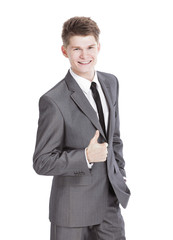 handsome businessman showing thumb up.isolated on a white