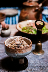 Traditional Okinawa cuisine food set in ceramic bowl