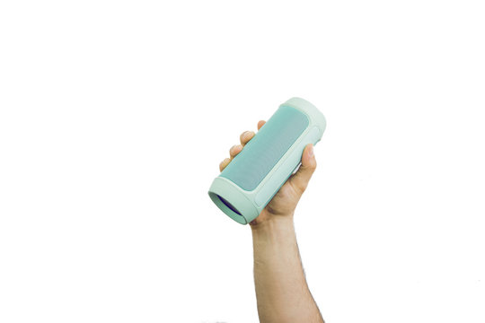 Hands Holding Portable Wireless Speaker Isolated On White Background