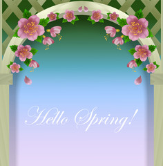  pink spring flowers against a wooden lattice, flowering branches against a summer gazebo background