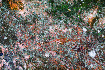 Stone texture as abstract grunge rough background with mottled colors. Natural hard rock surface. Multicolor old dry lichen and moss on surface. Weathered wall, vintage ground floor.