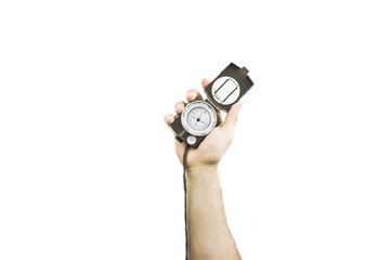Hand Holding Military Compass Isolated On White Background