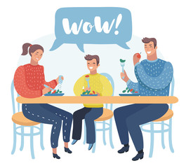 Family have a lunch. Father, mother and son sitting in the kitchen and having a meal together.