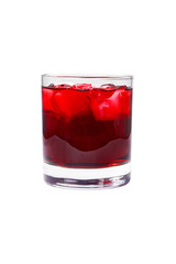 One-color, red transparent cocktail, cold tea in a low glass with ice cubes with the taste of grapefruit, berries, strawberries, cherries. Side view. Isolated white background. Drink for the menu