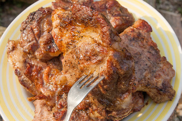 Close up view of juicy pork steak on fork cooked on an open flame grill on big white plate..