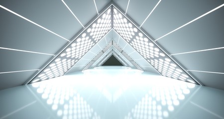 Fototapeta premium 3D Rendering Of Abstract Realistic Triangle Sci-Fi Corridor With Lighted Grid Mesh