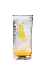 Transparent cocktail with syrup in a tall glass with crushed ice frappe and a slice, quarter of...