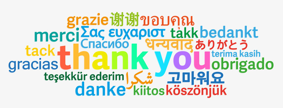 colorful thank you word cloud in different languages on light grey background
