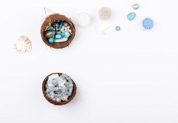 Gemstones, glass beads, shell beads
