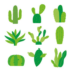 Cactus Icon Flat Design Element Plants Pot Flower Prickle Cartoon Vector