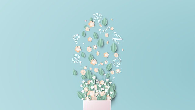 illustration of design bouquet with spring text. bouquet of flowers and text placed on a blue background in spring season. paper cut and craft style. vector, illustration.
