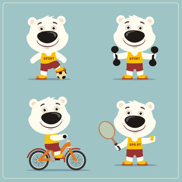 Set of funny polar bear is engaged in sports. Collection of cartoon polar bear of the sportsman: football player, with dumbbells, bicyclist, tennis player.