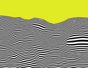 Wavy linear psychedelic black and white procedural terrain. Striped digital extraterrestrial landscape. Trendy sharp cybernetic hills. Modern vector background illustration. Element of design. - 200870737