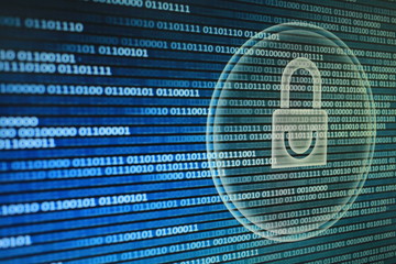 White graphic symbol of a padlock on binary computer display - computer data protection. Internet Business password Cyber security system concept