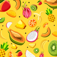 Yellow background with tropical fruits.
