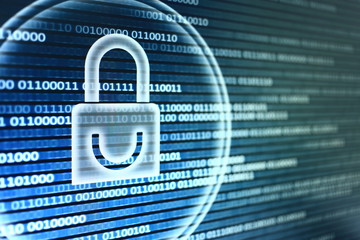 White graphic symbol of a padlock on binary computer display - computer data protection. Internet Business password Cyber security system concept