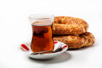 Turkish food: simit bread and cup of tea