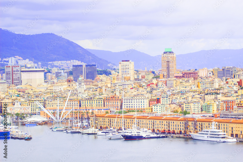 Wall mural Italy landscape, High angle view of Genoa (Genova) city with building and sea view and luxurious yachts in port or harbor in Genova.