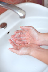 Fototapeta premium Hand hygiene. Soapy hands.Hand cleaning.