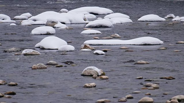 Stones with snow caps in the water of Altai Biya river in winter season