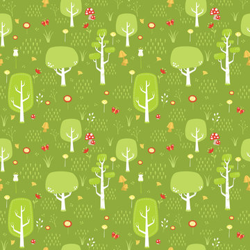 Green Forest with Trees, Flowers, Mushrooms, Butterfly and Grass Seamless Pattern Digital Paper Vector Flat Illustration