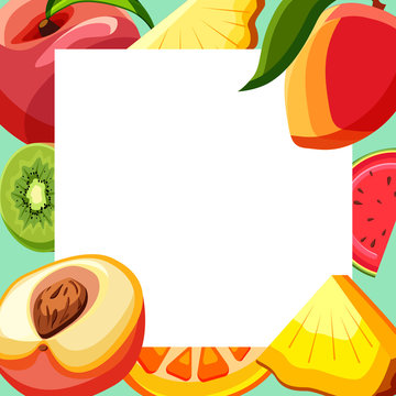 White square background with tropical fruits.