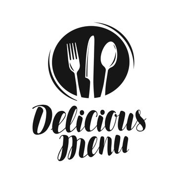 Delicious menu logo or label. Food, restaurant icon. Vector illustration