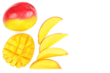 Mango fruit and half isolated on white background with copy space for your text. Top view. Flat lay