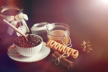 Set for breakfast. Sweets and pastries with nuts for tea on a bl