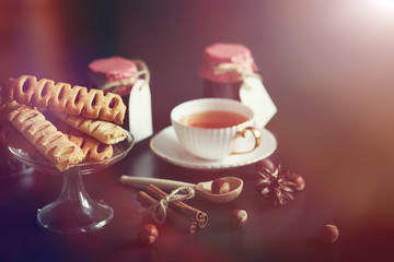 Set for breakfast. Sweets and pastries with nuts for tea on a bl