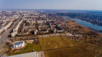 Aerial view of the city buildings in early spring.