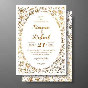 Golden vector wedding invitation with hand drawn twigs, flowers and brahches. Golden botanical template for wedding invite, save the date card, greeting card, place for your text, printable